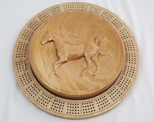 Four Player Cribbage Board Horse Mahogany and Curly Maple