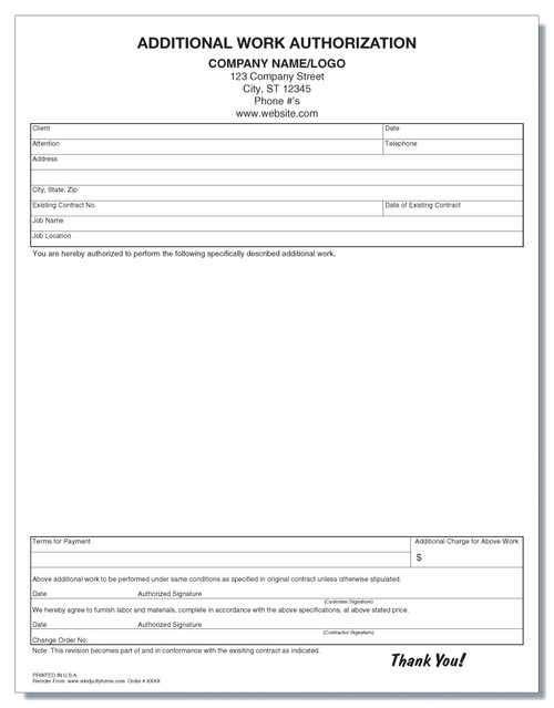 Additional Work Authorization Form - Windy City Forms