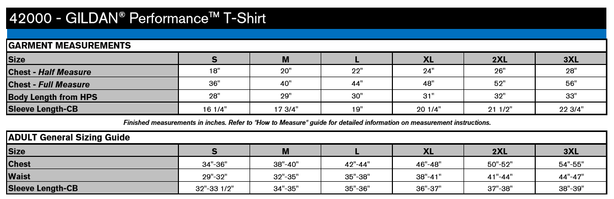 Gildan Performance Men's T-Shirt measurement instruction