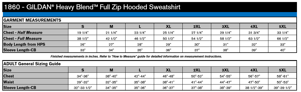 Gildan heavy full-zip hooded sweatshirt-1860 measurement instructions