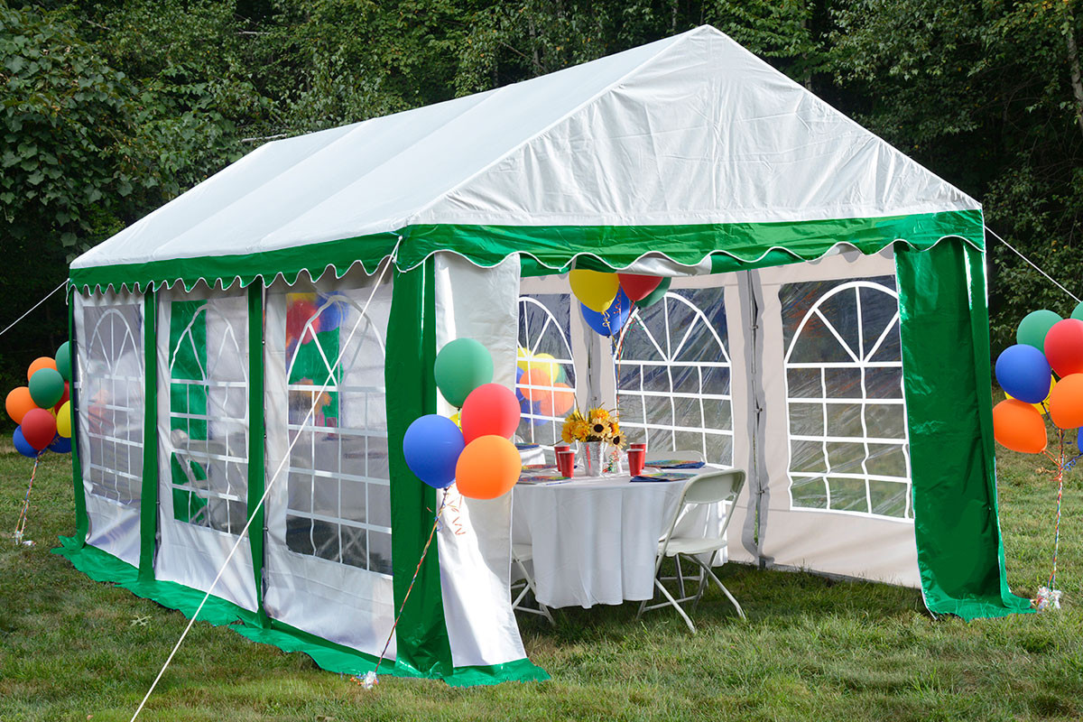 10x20 Party Tent, 8-Leg Galvanized Steel Frame, Green/White with