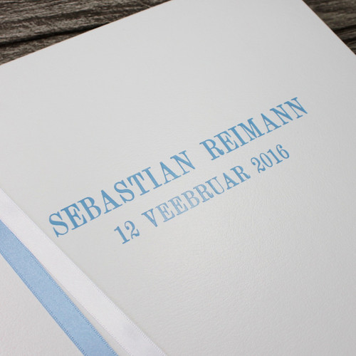 Baby Boy Photo Album - White Leather Blue & White Ribbon Page Marker