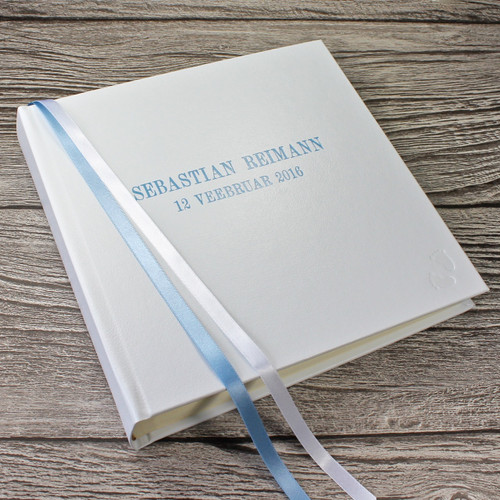 Baby Boy Memory Record Book - White Leather Blue & White Ribbon Page Marker