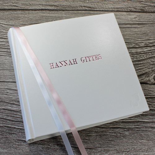 Baby Girl Photo Album - White Leather Pink & White Ribbon Page Marker