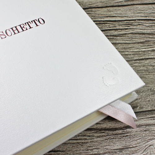 Baby Girl Memory Record Book - White Leather Pink & White Ribbon Page Marker