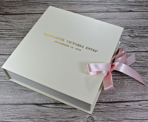 Baby Girl Keepsake Memory Box - Ivory Leather With Pink Ribbon Tie