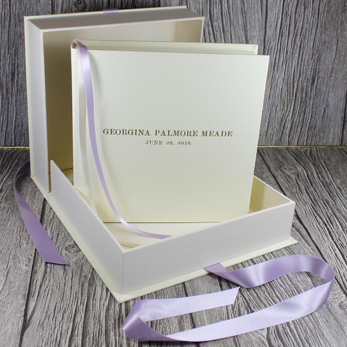 Baby Girl Keepsake Memory Box - Ivory Leather With Lilac Ribbon Tie