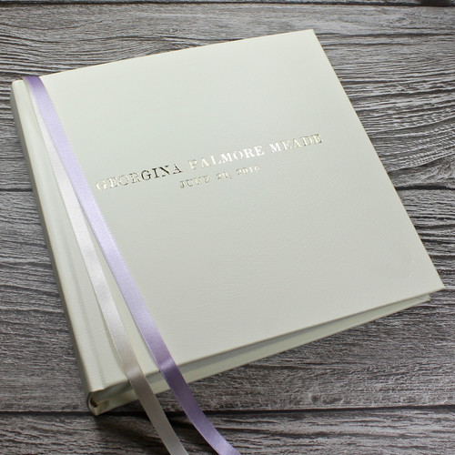 Baby Girl Memory Record Book - Ivory Leather Lilac & Ivory Ribbon Page Marker