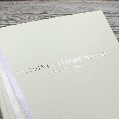 Baby Girl Photo Album - Ivory Leather Lilac & Ivory Ribbon Page Marker