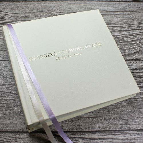Baby Girl Photo Album - Ivory Leather Lilac & Ivory Ribbon Page Marker