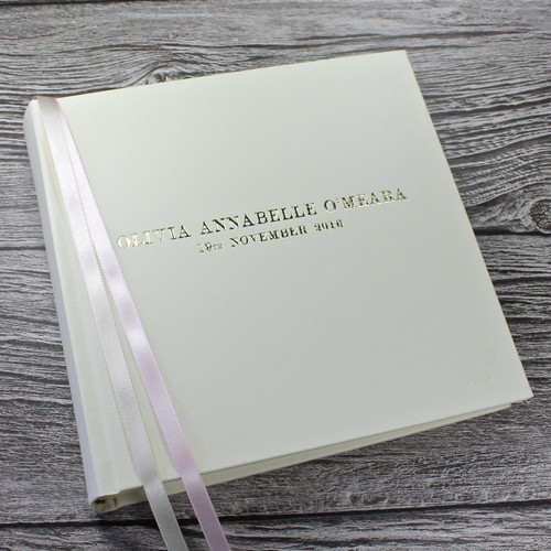 Baby Girl Photo Album - Ivory Leather Pink & Ivory Ribbon Page Marker