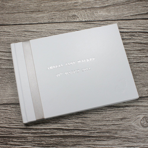 Christening Guest Book / Baby Naming Book - Silver Ribbon Detail - A5 Landscape