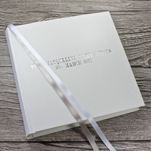Baby Memory Record Book - White Leather Silver & White Ribbon Page Marker