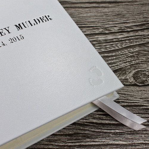 Baby Memory Record Book - White Leather Silver & White Ribbon Page Marker