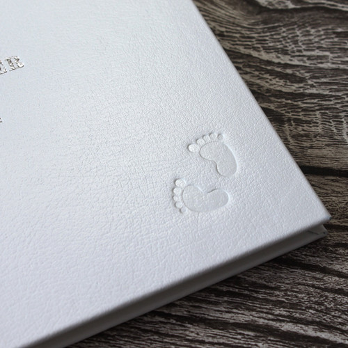 Baby Shower Guest Book - White Leather Silver & White Ribbon Page Marker - A5 Landscape
