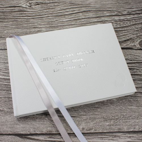 Baby Shower Guest Book - White Leather Silver & White Ribbon Page Marker - A5 Landscape