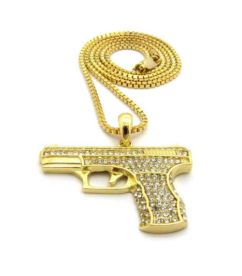 14K Gold 9mm Pistol Pendant |Fully Iced Out w/Free 36" Chain 14K Gold 9mm Pistol Pendant |Fully Iced Out w/Free 36" Chain