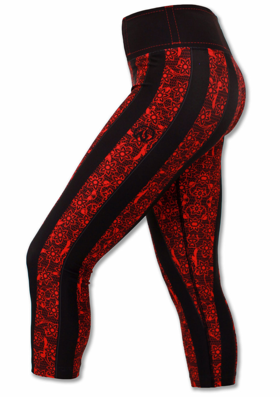 Women's Black and Red Lace Capris for Running, Yoga & Workout