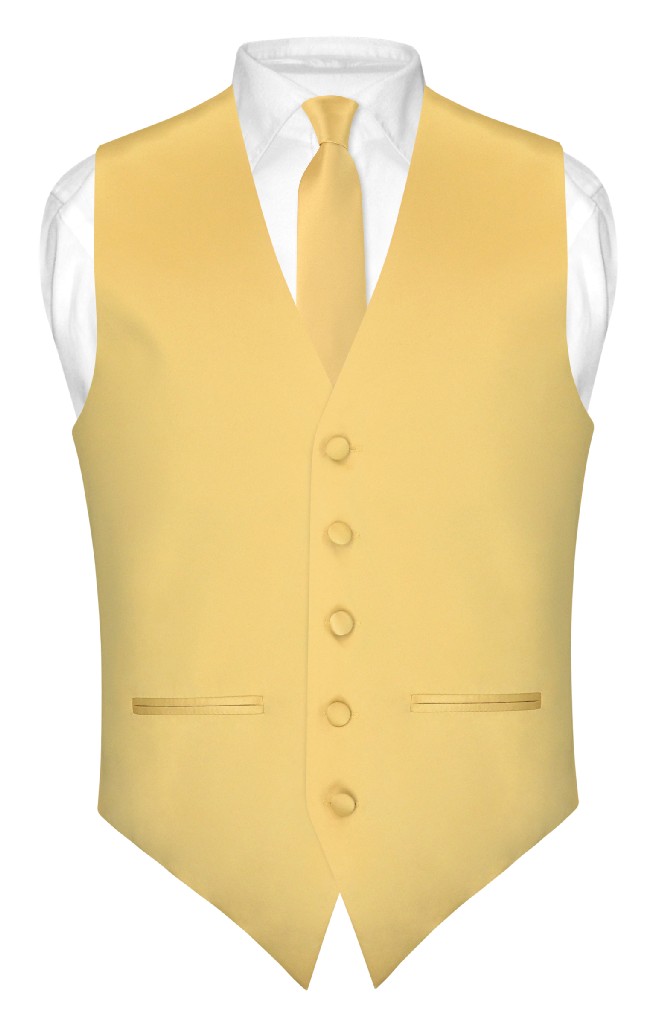 Slim Fit Gold Color Vest | Mens Dress Vest NeckTie Hanky Set