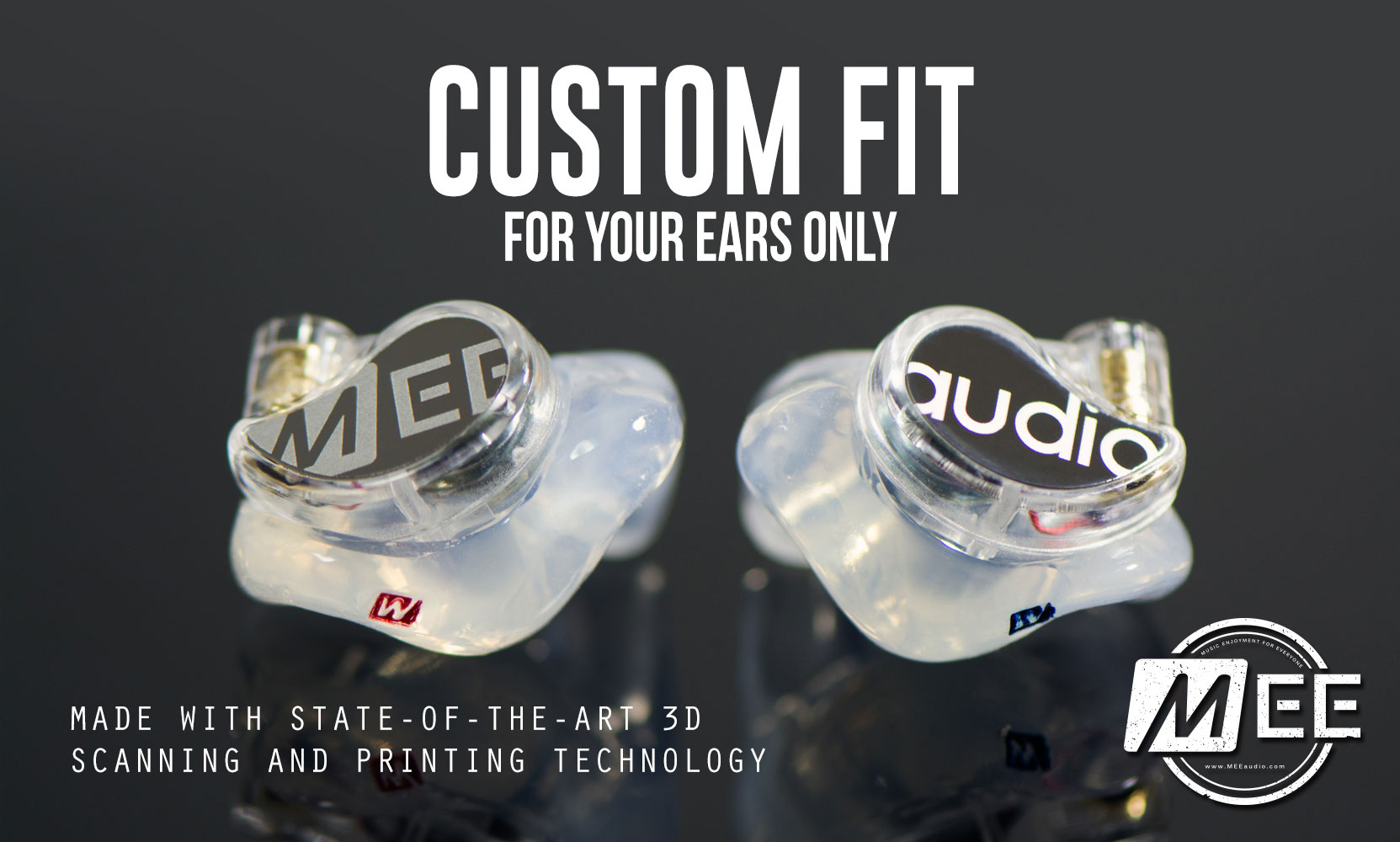 Custom M6 PRO 2nd generation in-ear monitors with custom eartips, logo faceplates, and a caption that reads For Your Ears Only