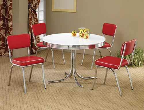 50 S Style Round Chrome Retro Dining Table W Four Red Chairs Round Chrome Retro Dining Table