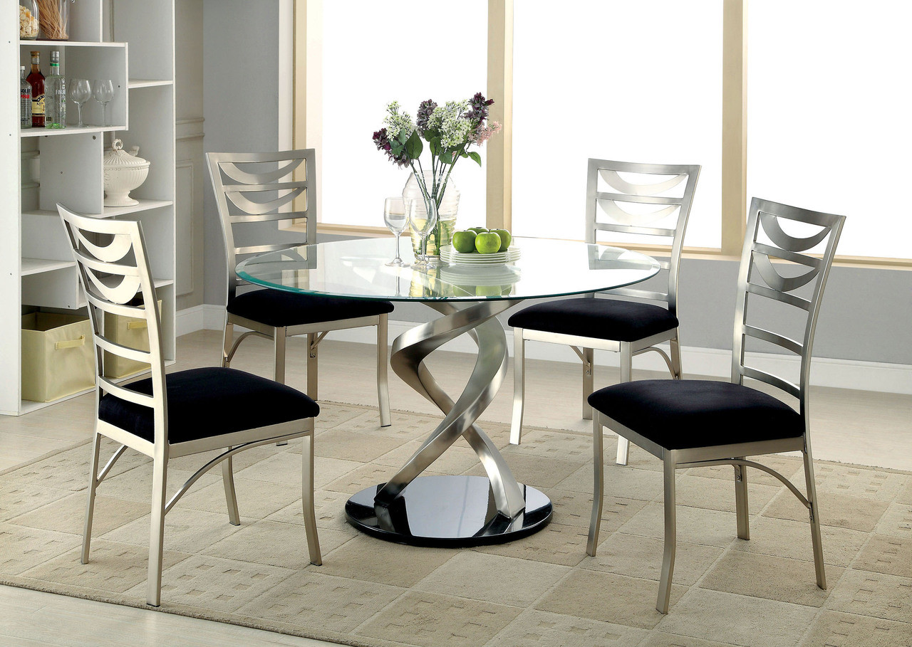 48 Mueller Round Glass Satin Dining Table With 4 Chairs For Sale   ID3729T Round Dining Table  84544.1429634954.1280.1280 