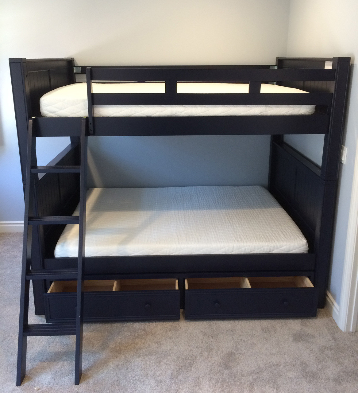 Dillon Queen over Queen Wood BeadBoard Bunk Bed with Storage