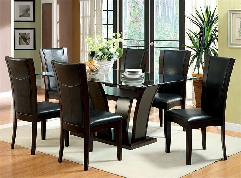 Rectangular Glass Top Dark Cherry Dining Table with Chairs