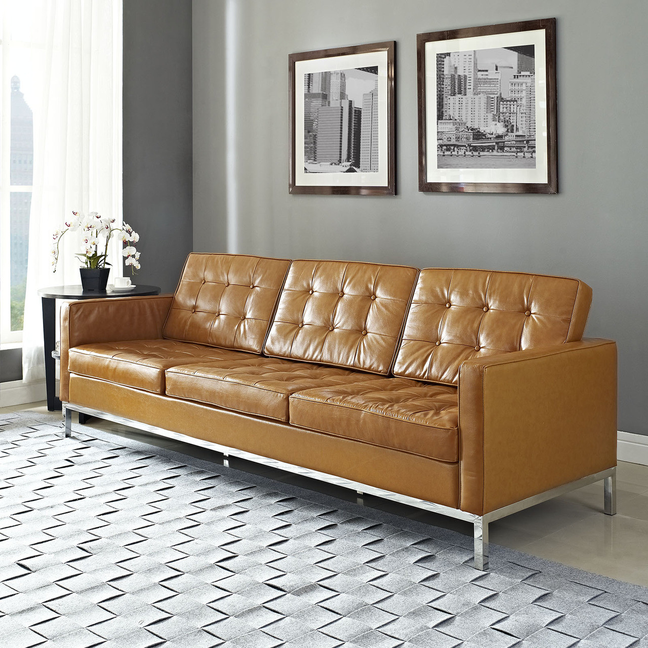 Florence Style Leather Loft Sofa Zin Home   Mid Century Modern Tan Leather Sofa  25485.1383600453 