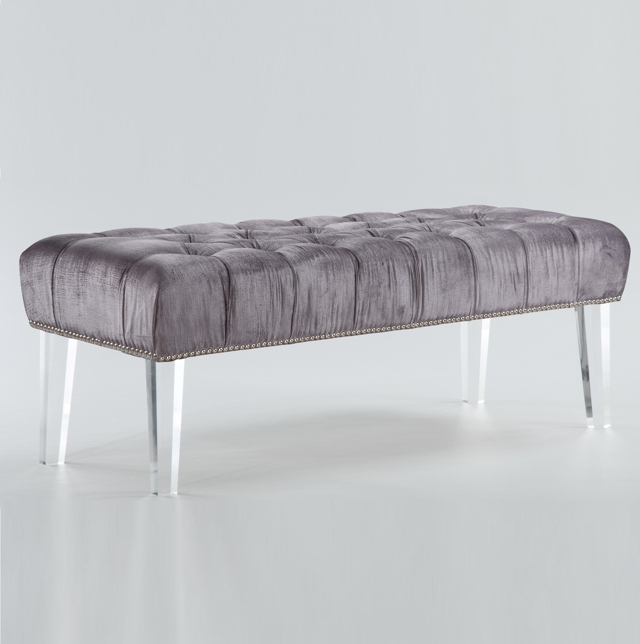 Stella Grey Velvet Tufted Acrylic Bed End Bench | Zin Home