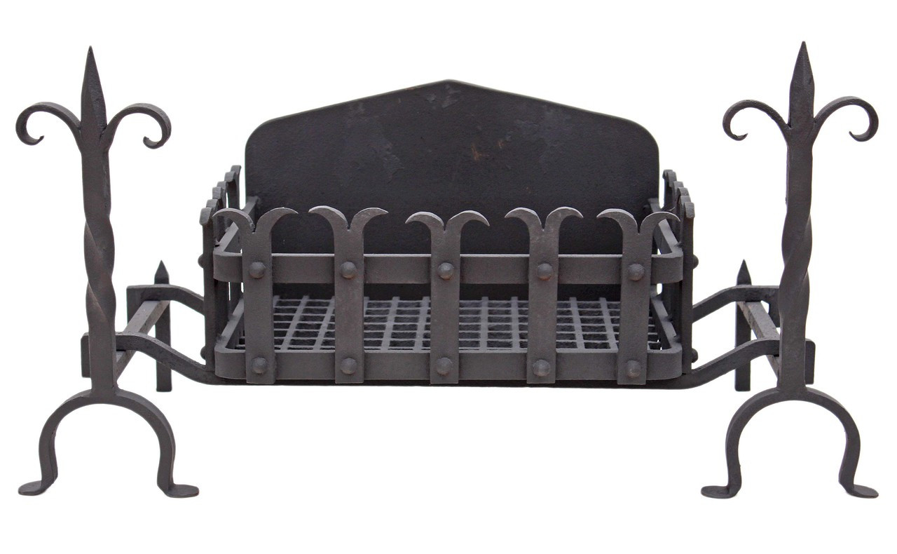 Antique large Gothic forged cast iron steel fire grate basket with dogs ...