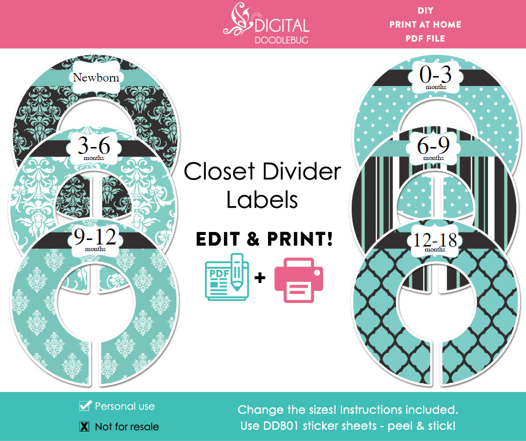 Printable baby girl closet dividers blue & black editable PDF