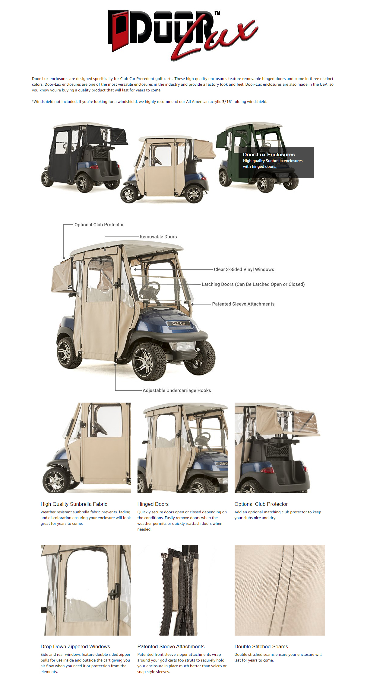 Door Lux 3 Sided Sunbrella Golf Cart Enclosure For Club Car