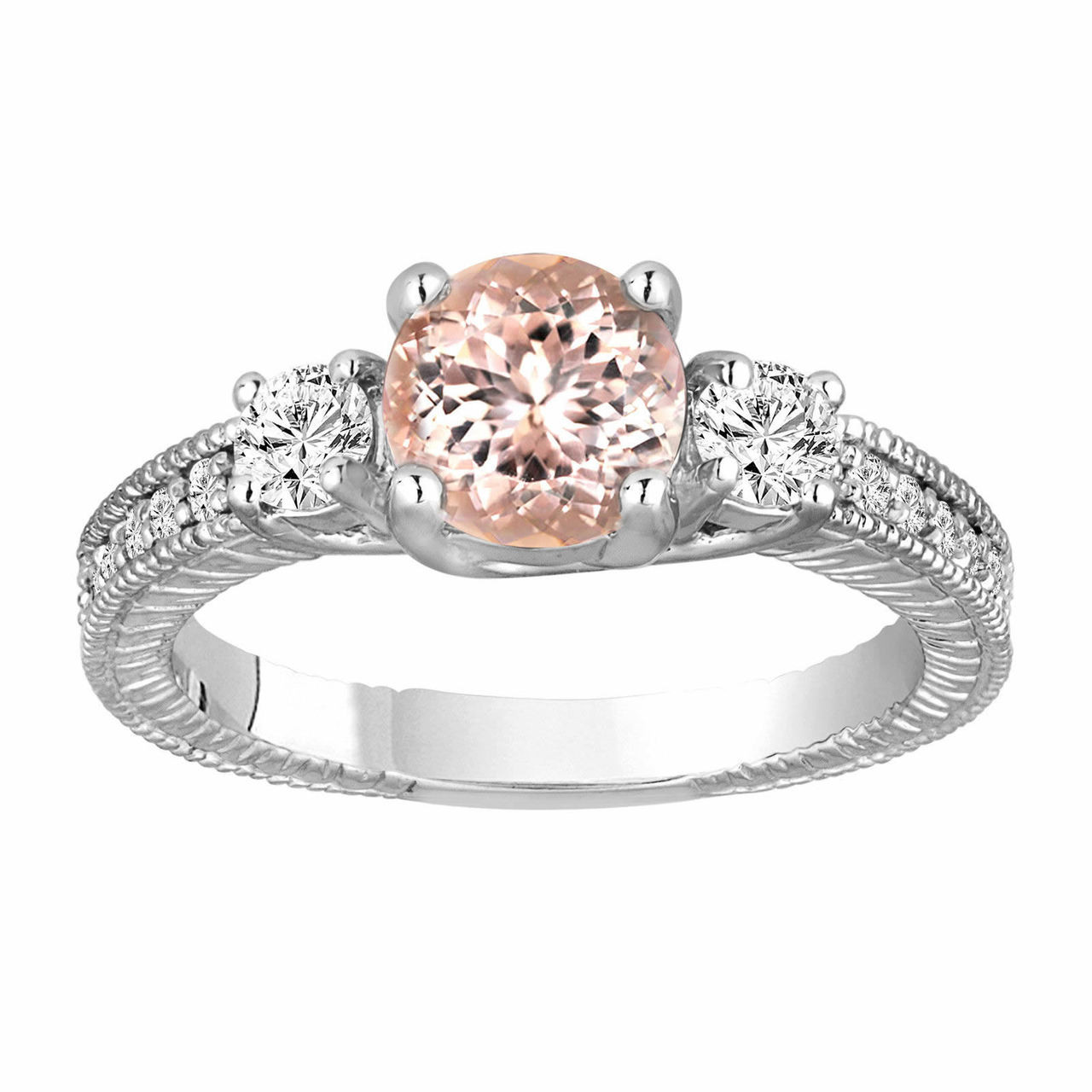 Morganite Diamond Three Stone Engagement Ring 1.28 Carat 14K White Gold Vintage Antique Style Morganite Diamond Three Stone Engagement Ring 1.28 Carat 14K White Gold Vintage Antique Style