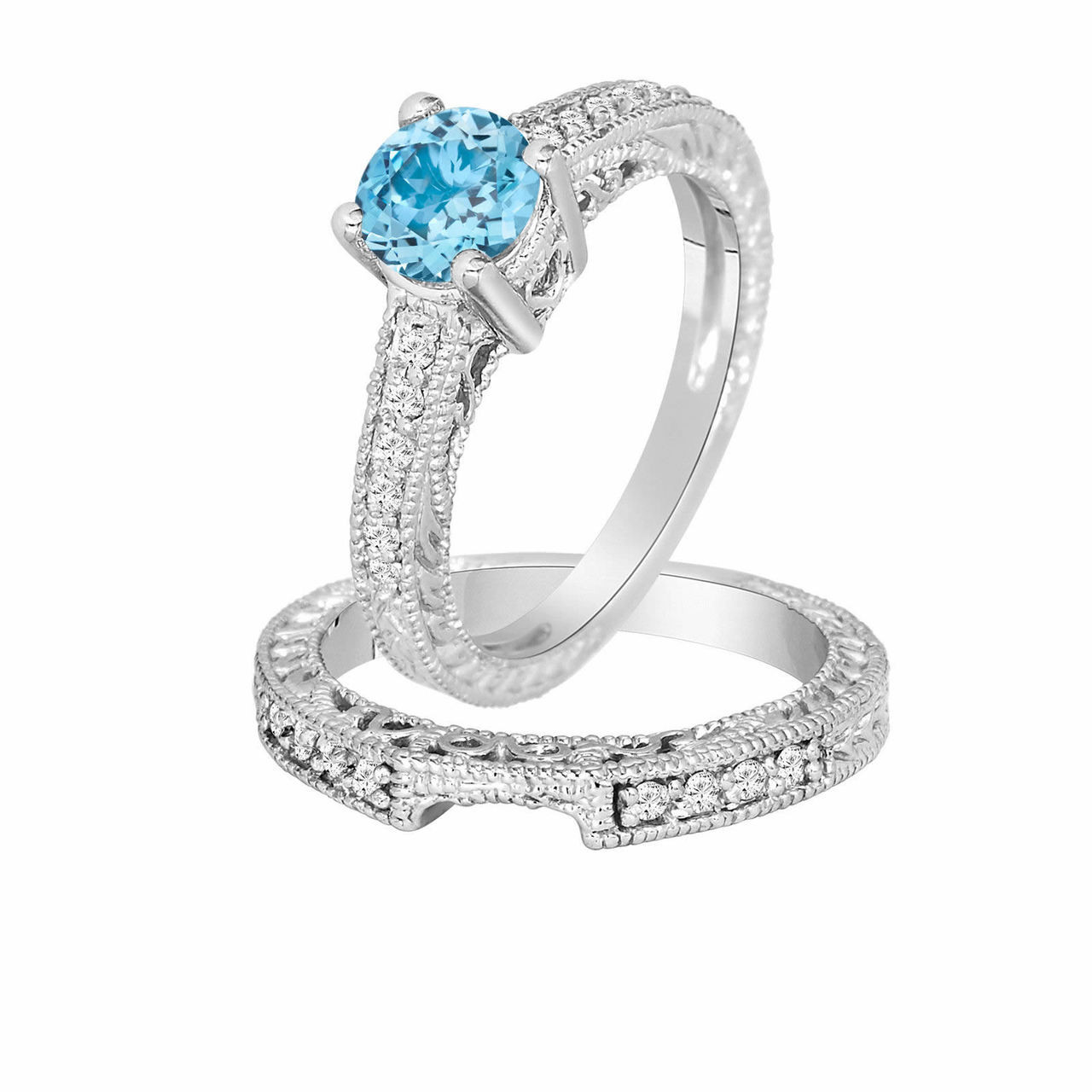Blue Topaz Engagement Ring Set, Wedding Ring Sets, Vintage Engagement