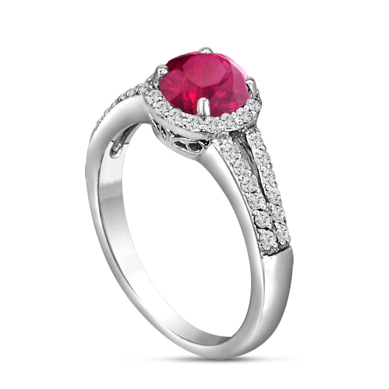 Red Ruby Engagement Ring 14K White Gold 1.00 Carat Diamond Pave Set