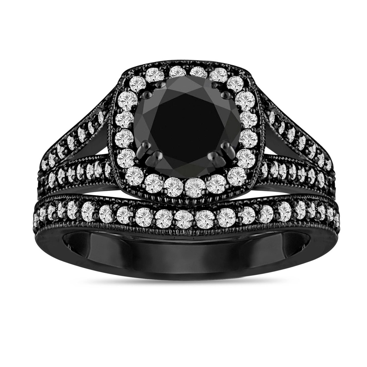 Black Diamond Engagement Ring Set, Vintage Wedding Rings