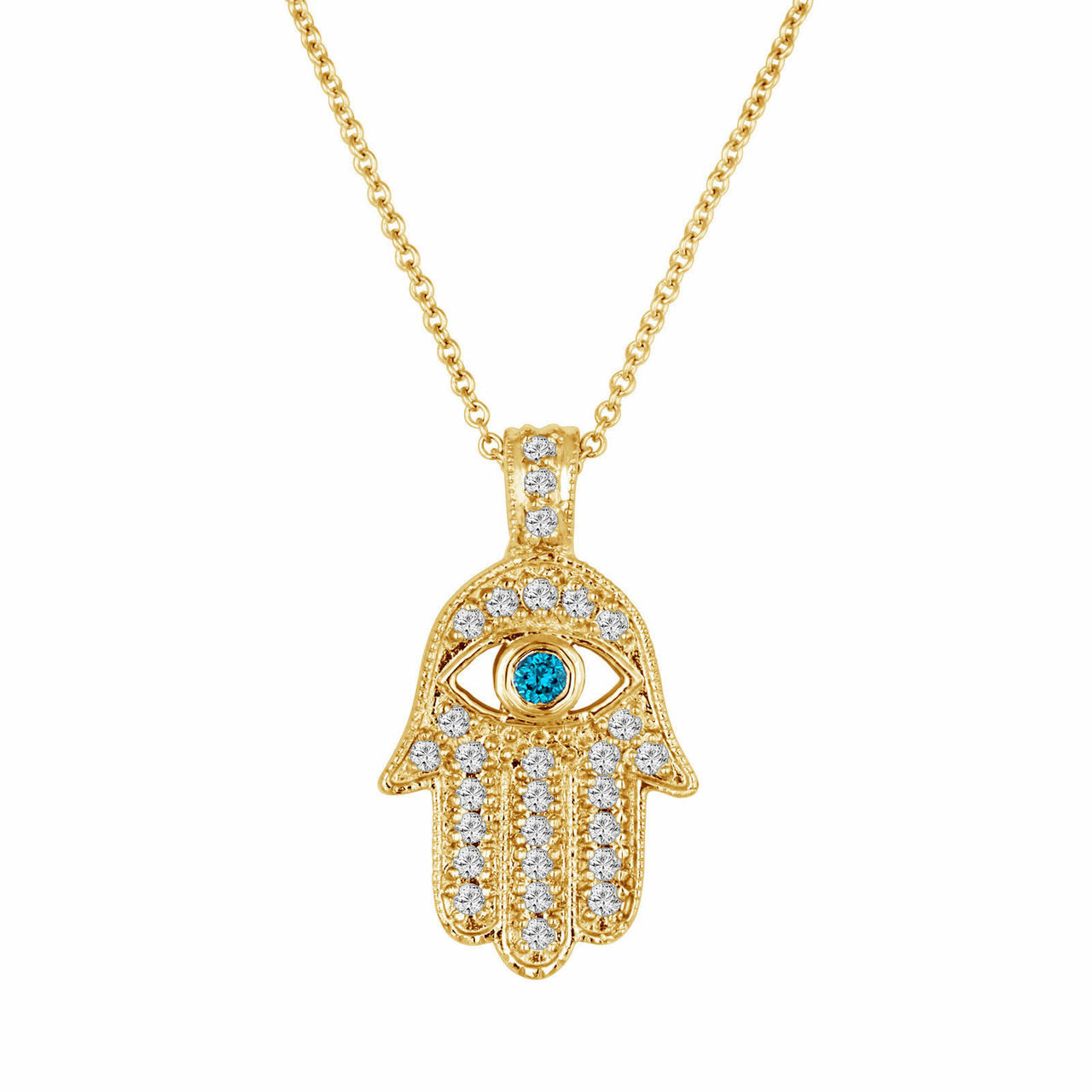 18K Yellow Gold Hamsa Diamond Pendant Necklace 0.37 Carat Handmade Pave Set