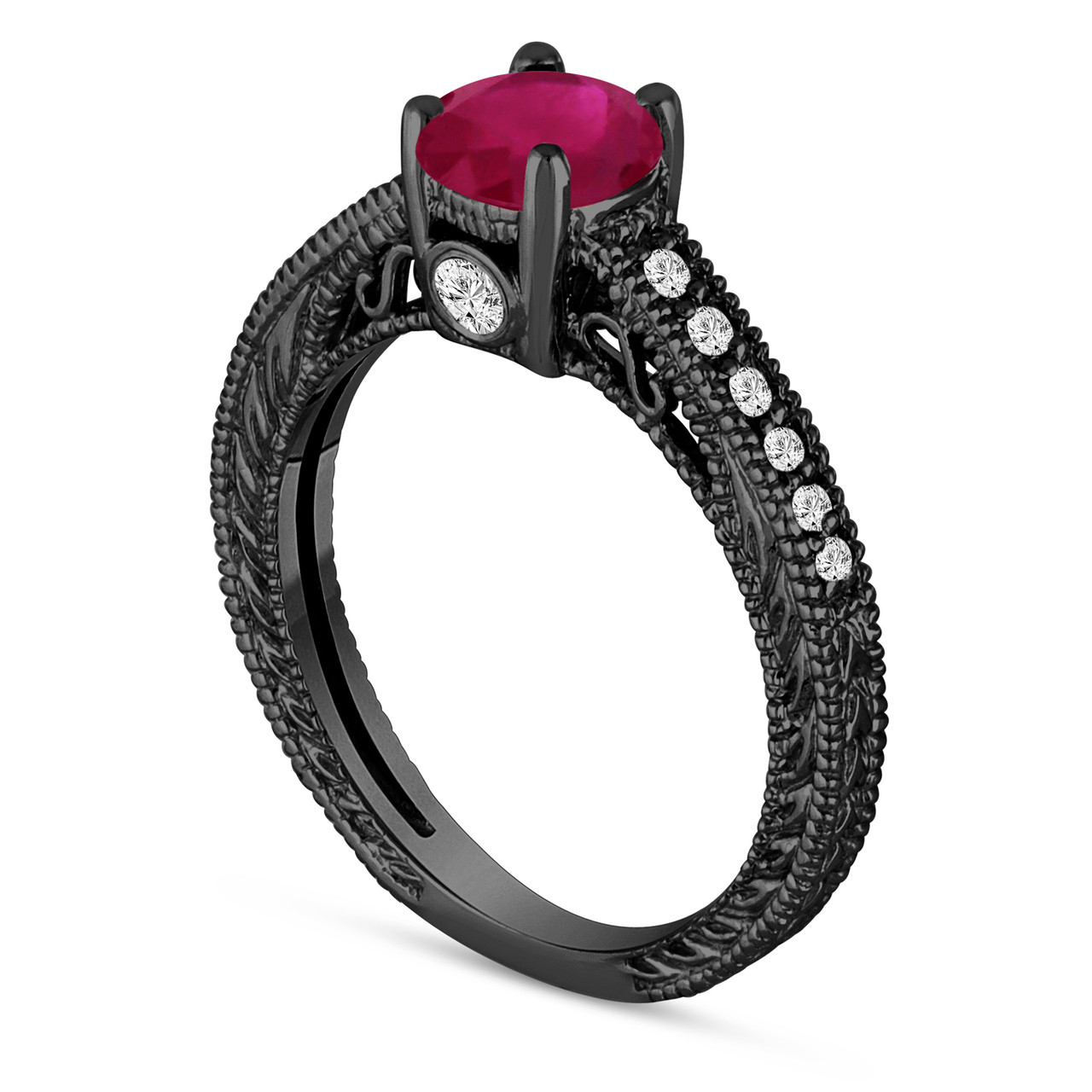 Ruby Engagement Ring 14K Black Gold Vintage Antique Style Engraved 0.75