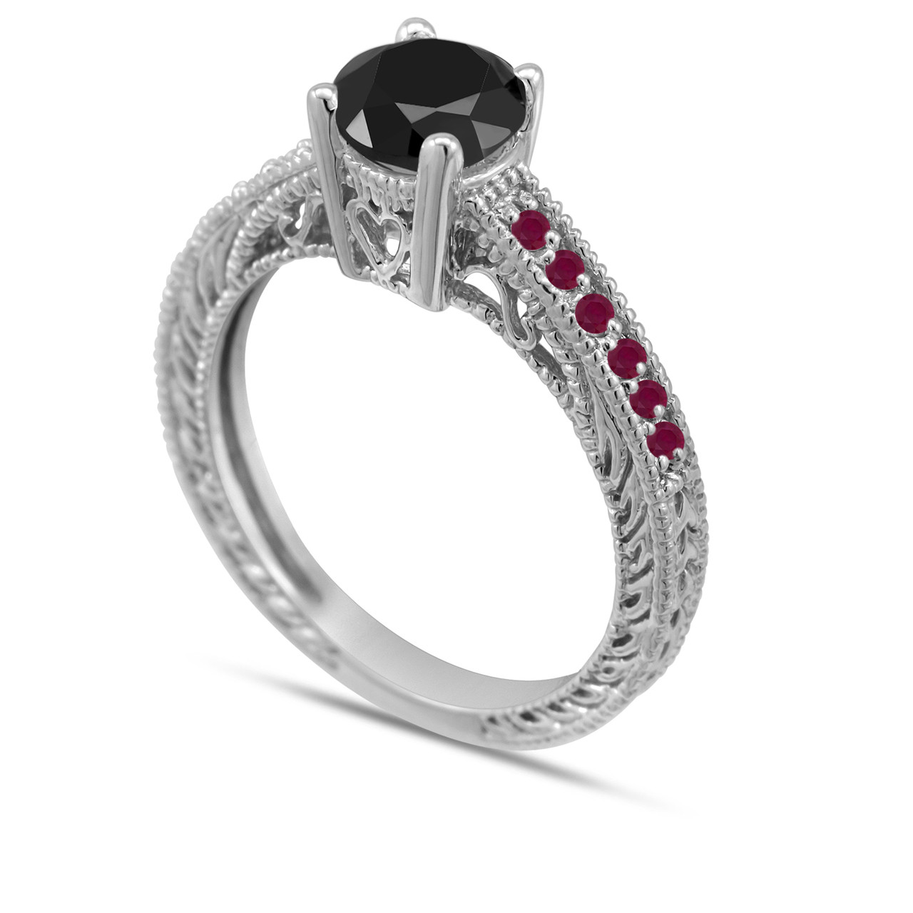 Black Diamond and Ruby's Engagement Ring 14K White Gold 0.64 Carat