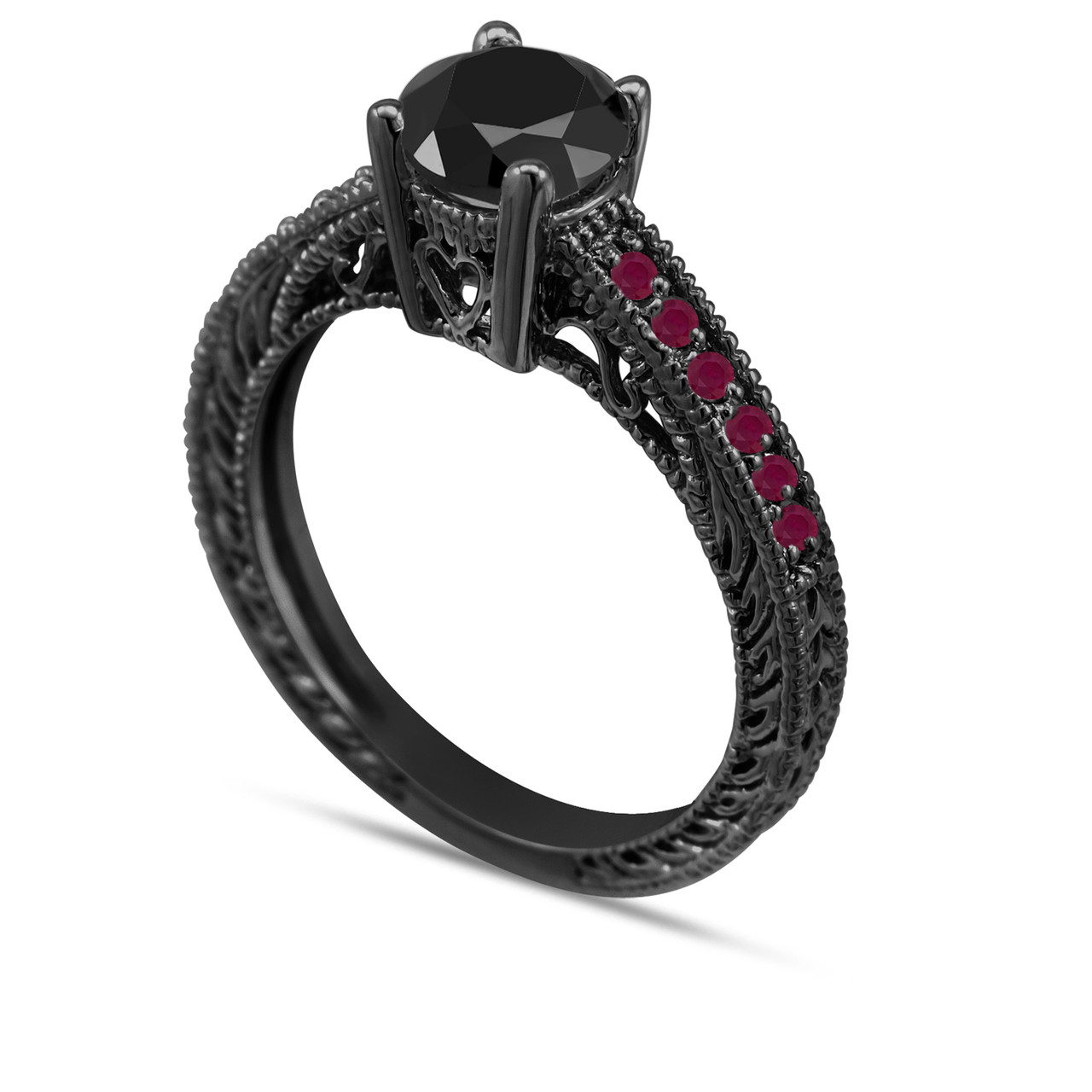 Black Diamond and Ruby's Engagement Ring 14K Black Gold Vintage Style 0