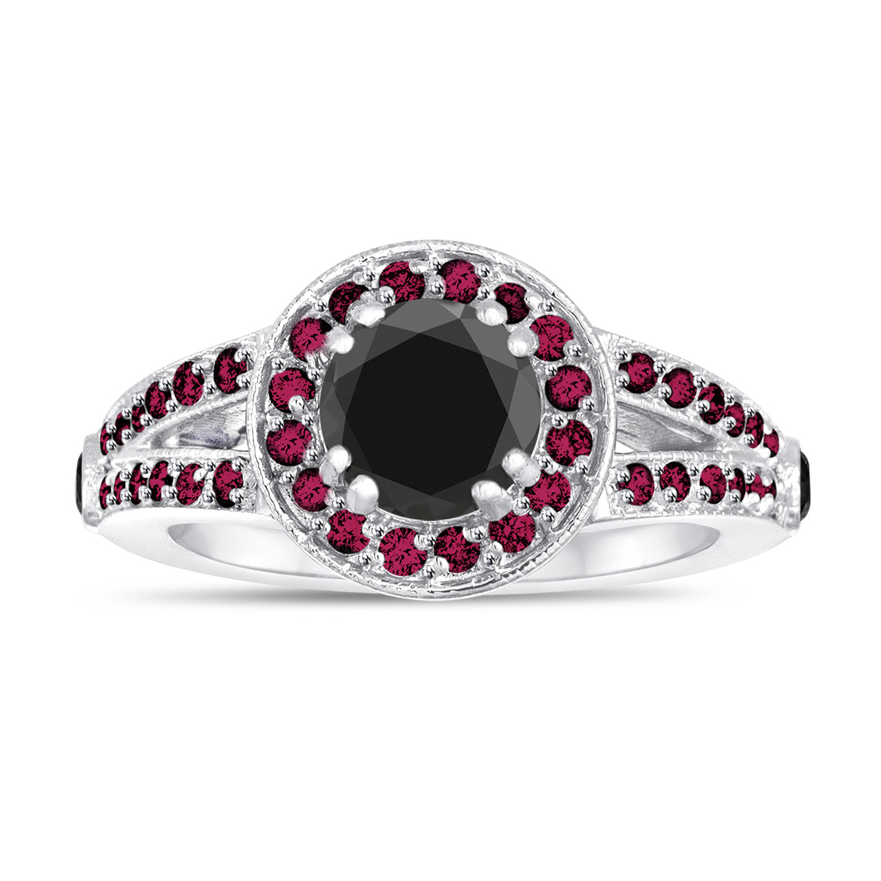 Fancy Black Diamond and Ruby's Engagement Ring 1.62 Carat 14k White