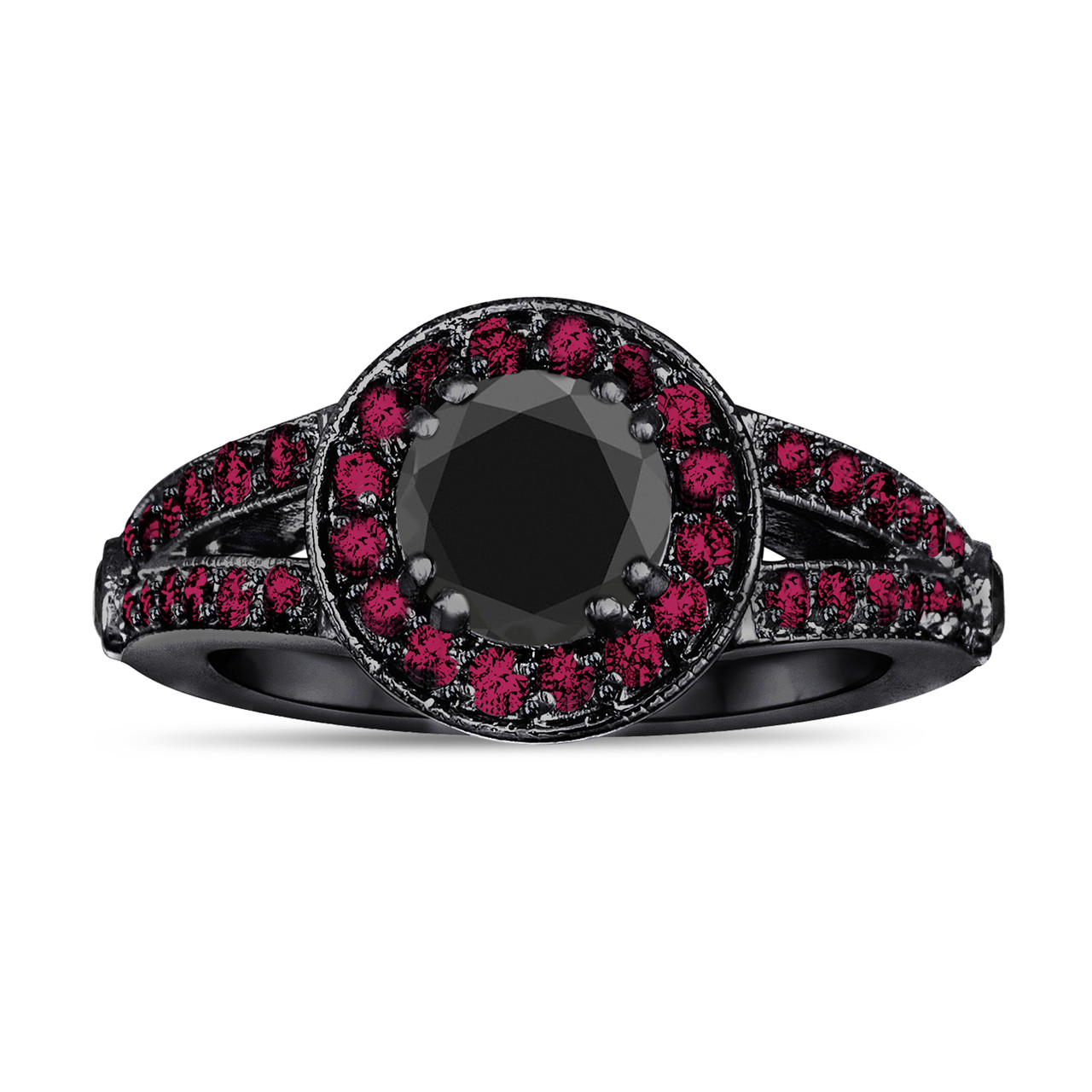 Fancy Black Diamond and Ruby's Engagement Ring 1.62 Carat 14k Black