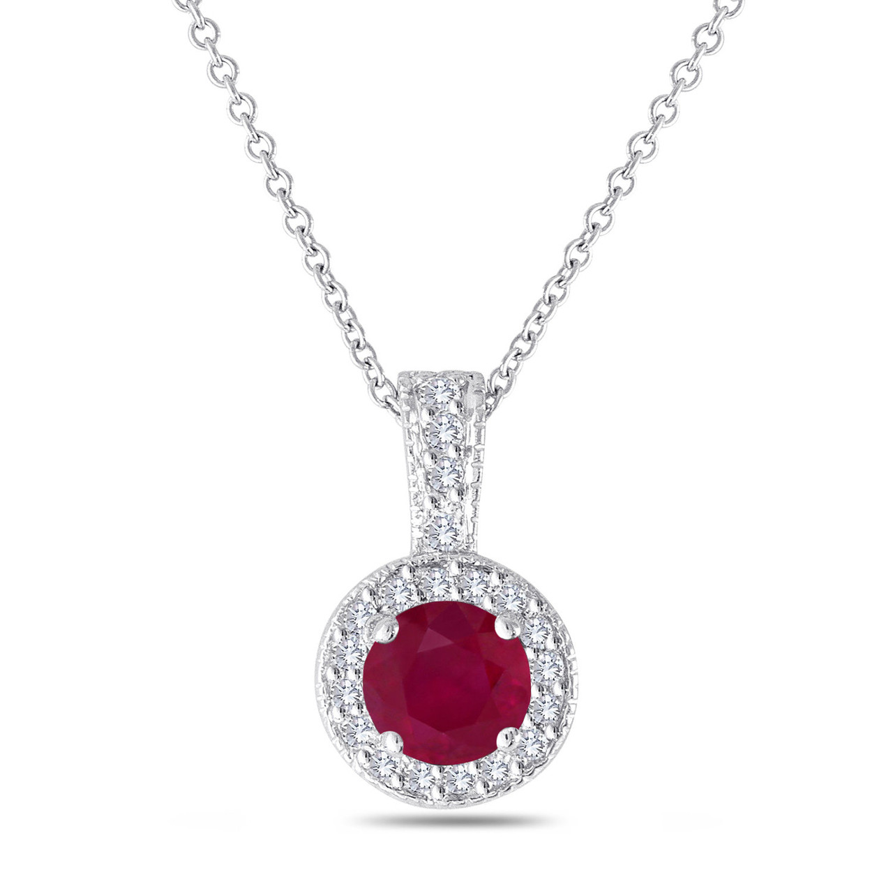 Platinum Red Ruby And Diamonds Pendant Necklace 1.23 Carat Halo Pave