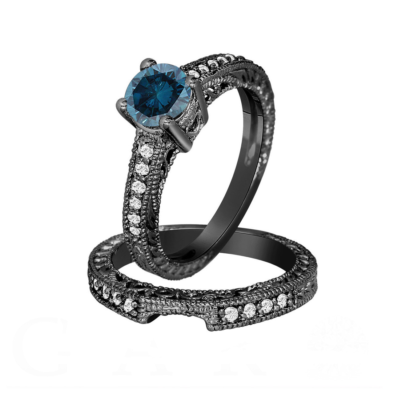 Fancy Blue  Diamond Engagement  Ring  and Wedding Band Sets 