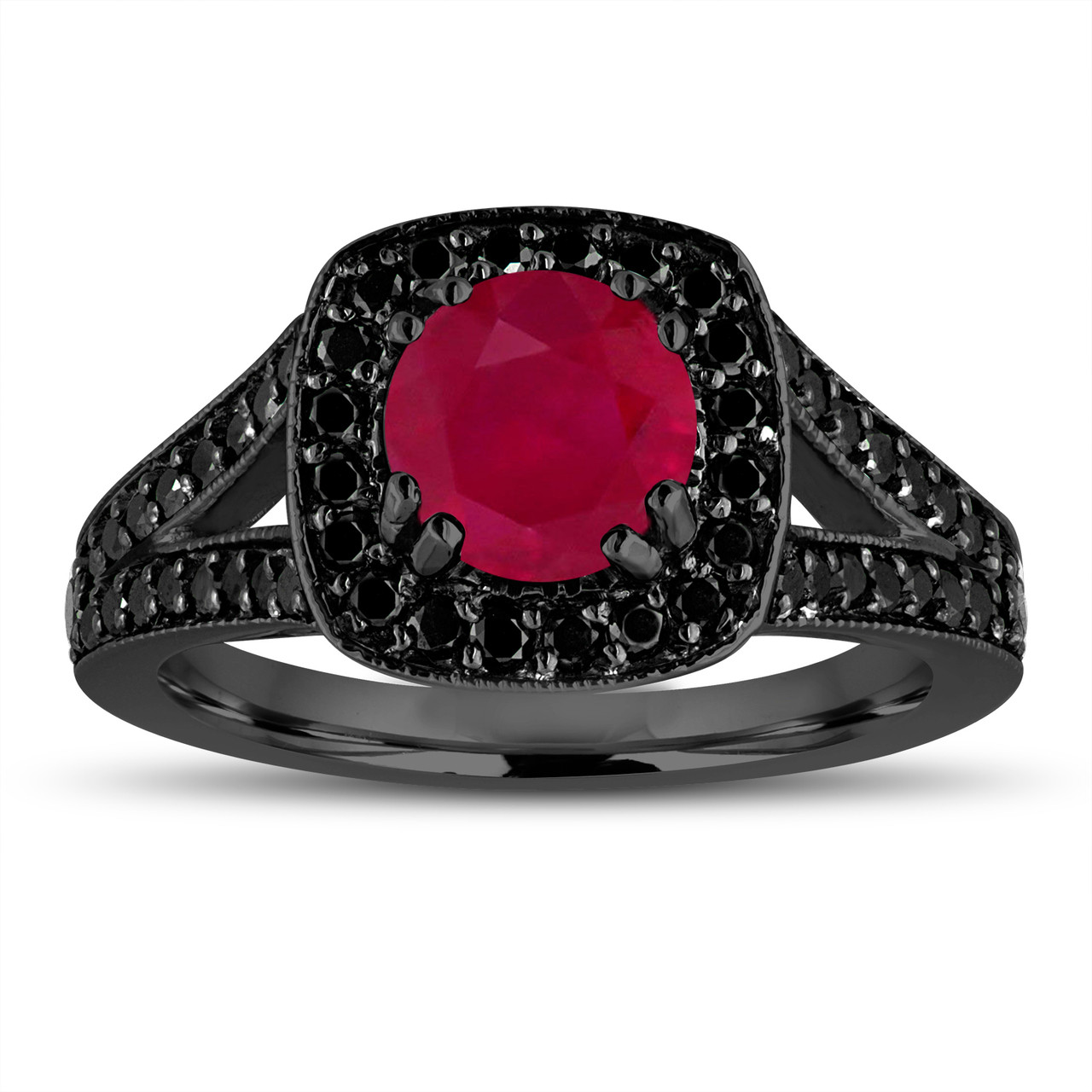 Ruby Engagement Ring Vintage Style 14K Black Gold 1.57 Carat Halo Pave