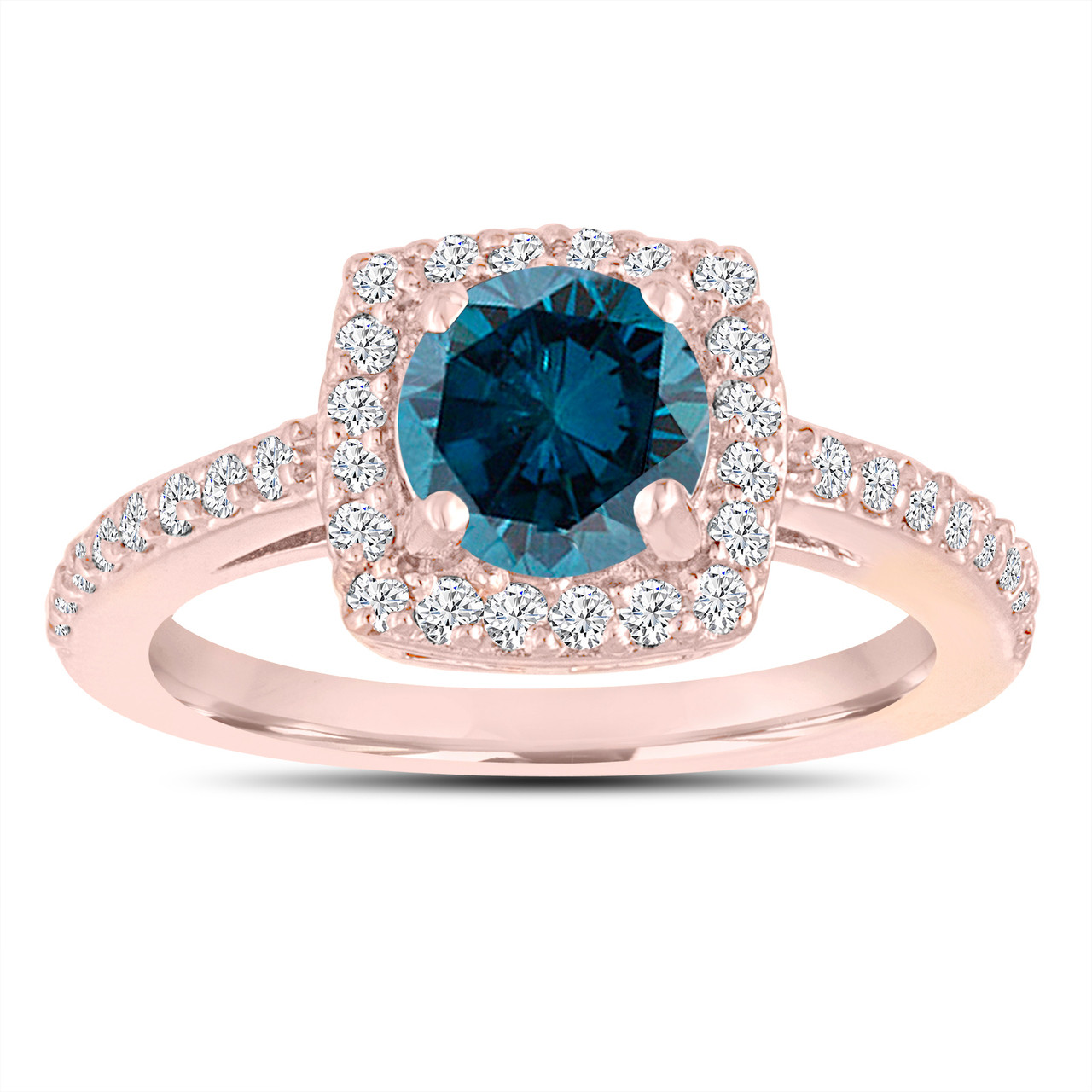 1.39 Carat Blue & White Diamond Engagement Ring 14K Rose GoldHalo Pave ...