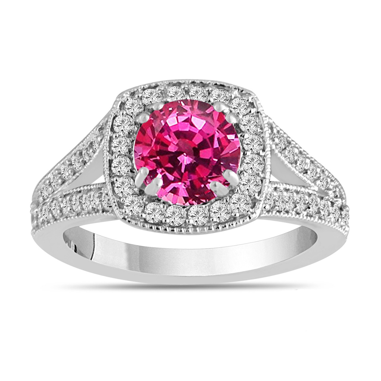 Pink Sapphire Engagement Ring, With Diamonds Wedding Ring 14K White ...