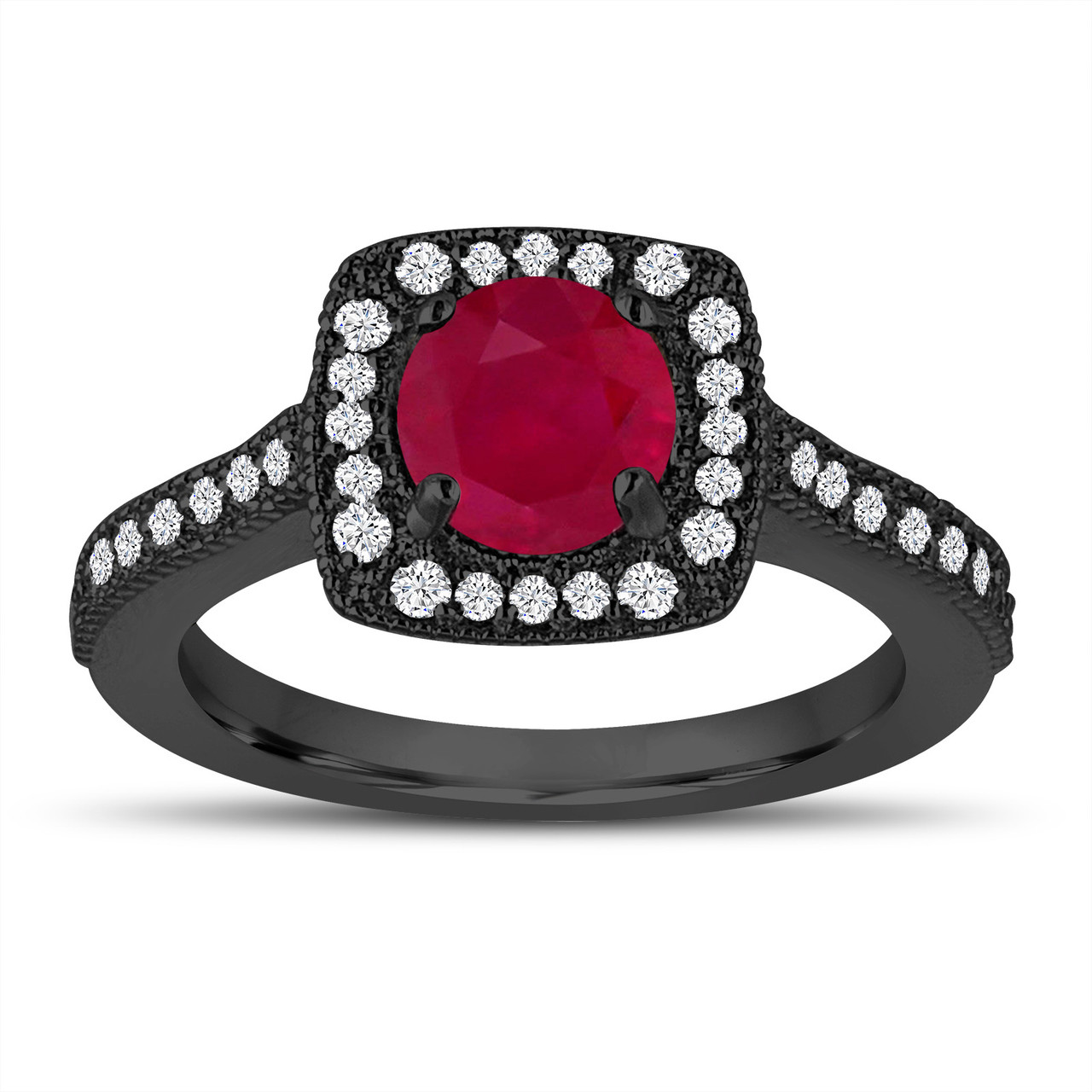 Vintage Style Ruby and Diamonds Engagement Ring, Wedding Ring 1.28