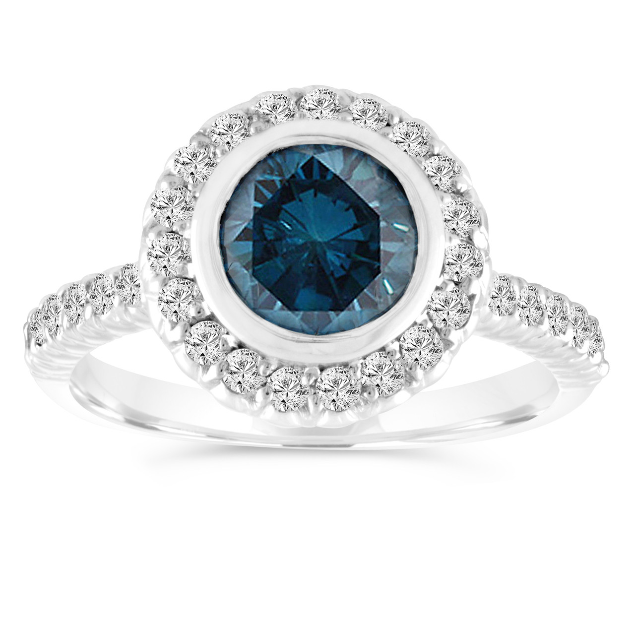 1.30 Carat Blue Diamond Engagement Ring, Wedding Ring 14K White Gold Bezel Set Halo Pave